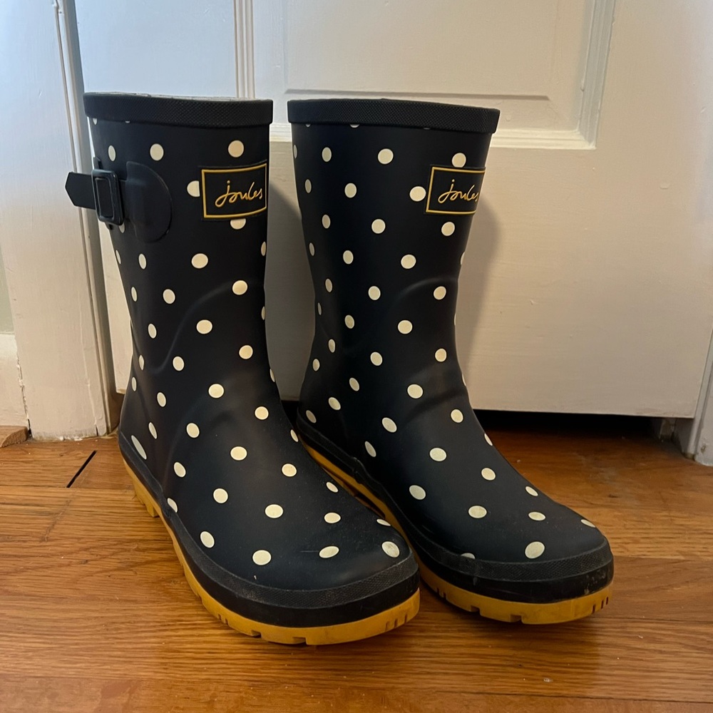 Joules blue and yellow polka dot rain boots